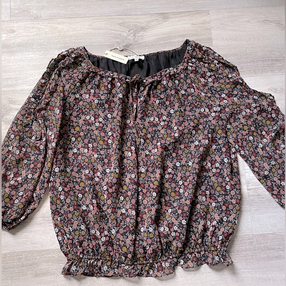 Max Studio Black Floral Cold Shoulder Blouse Women’s Size XL NWT